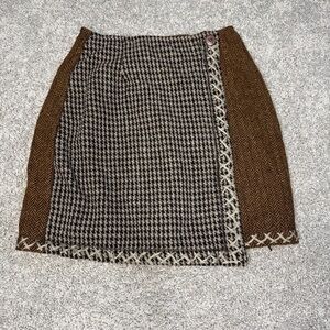 Vintage Joujou Houndstooth Tweed Wool Blend Wrap Skirt Size 6 Black Brown Tan